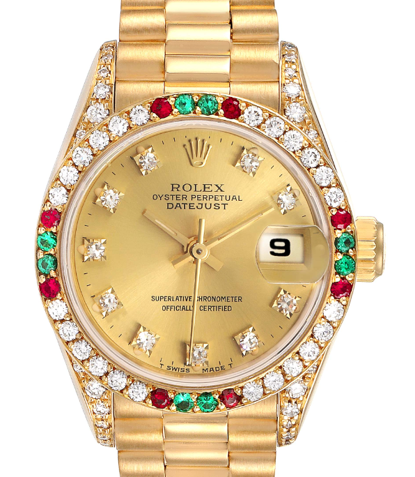Pre-Owned Rolex President Datejust Yellow Gold Diamond Ruby Emerald Ladies Watch 69038