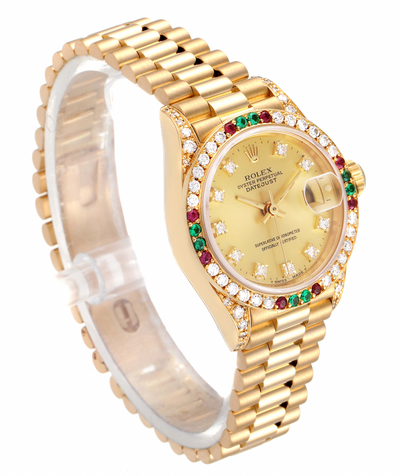Pre-Owned Rolex President Datejust Yellow Gold Diamond Ruby Emerald Ladies Watch 69038