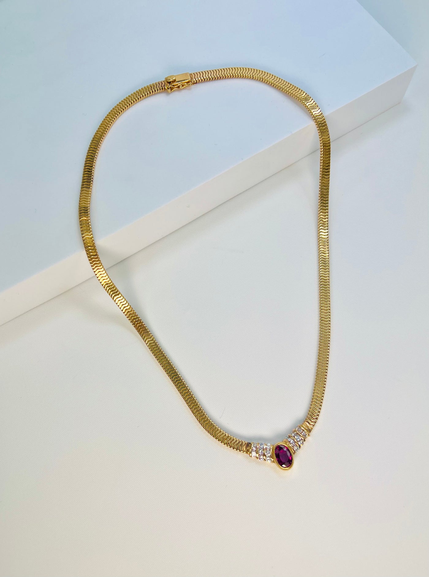 14k Gold Diamond Necklace, Ruby Stone